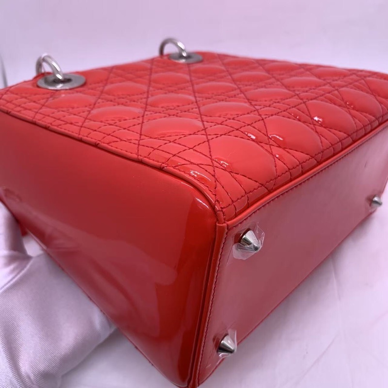 二手Dior 迪奧戴妃包 紅色漆皮 銀扣-15