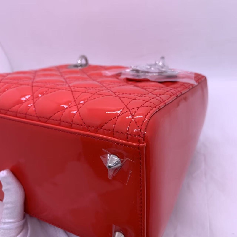 二手Dior 迪奧戴妃包 紅色漆皮 銀扣-16