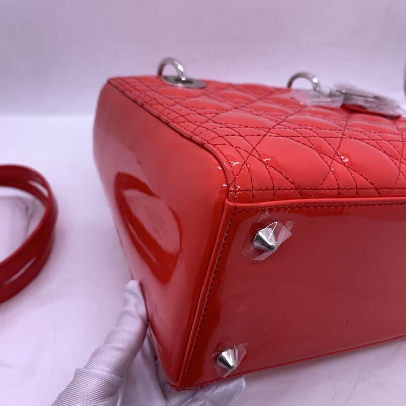 二手Dior 迪奧戴妃包 紅色漆皮 銀扣-17