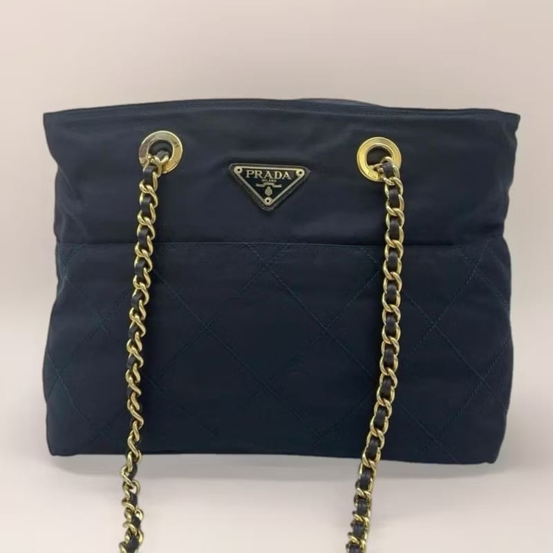 【LA LUNE】絕版古董包 稀有Prada黑色降落傘鏈子側背包 單肩包 托特包 中古-0