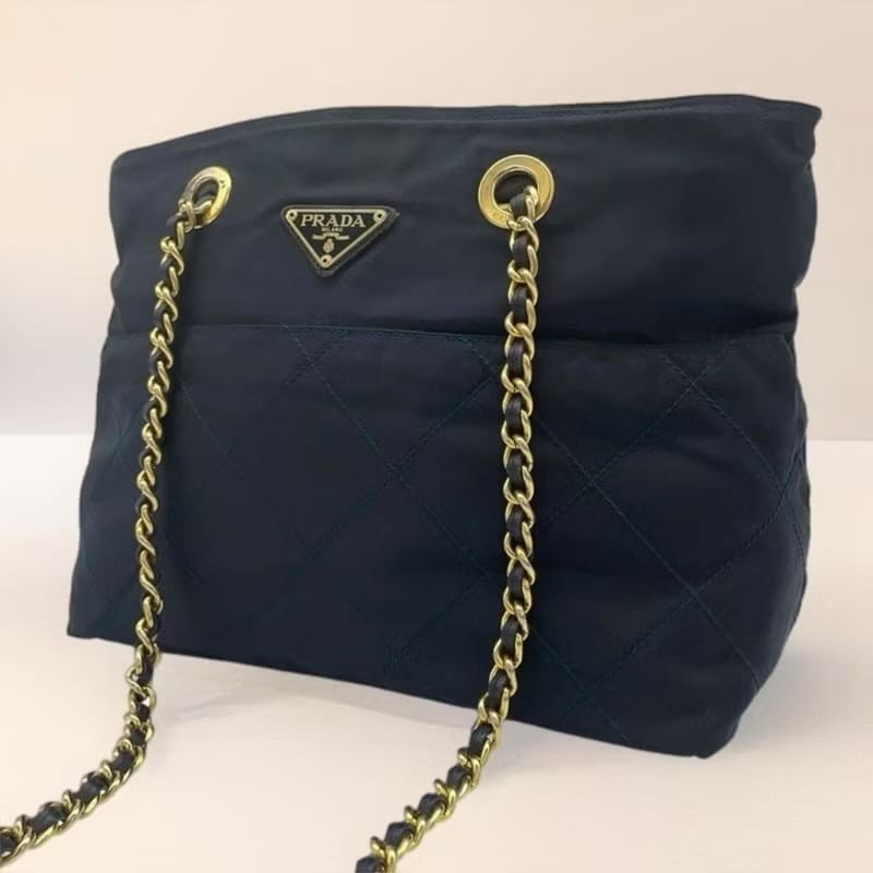 【LA LUNE】絕版古董包 稀有Prada黑色降落傘鏈子側背包 單肩包 托特包 中古-1