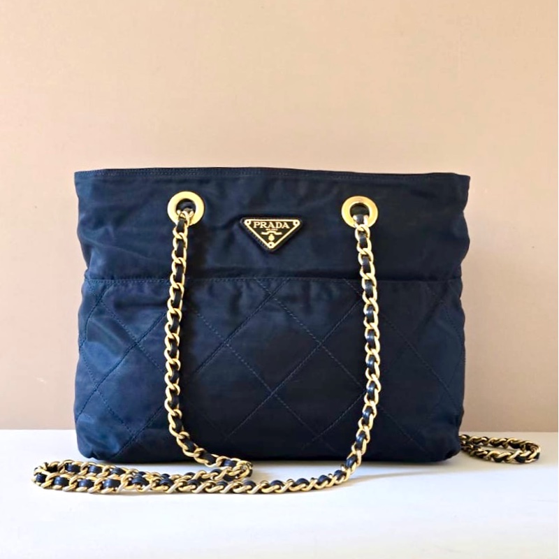 【LA LUNE】絕版古董包 稀有Prada藍黑色降落傘鏈子側背包 單肩包 托特包 中古-0