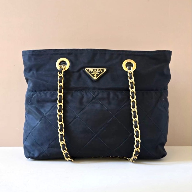 【LA LUNE】絕版古董包 稀有Prada藍黑色降落傘鏈子側背包 單肩包 托特包 中古-1