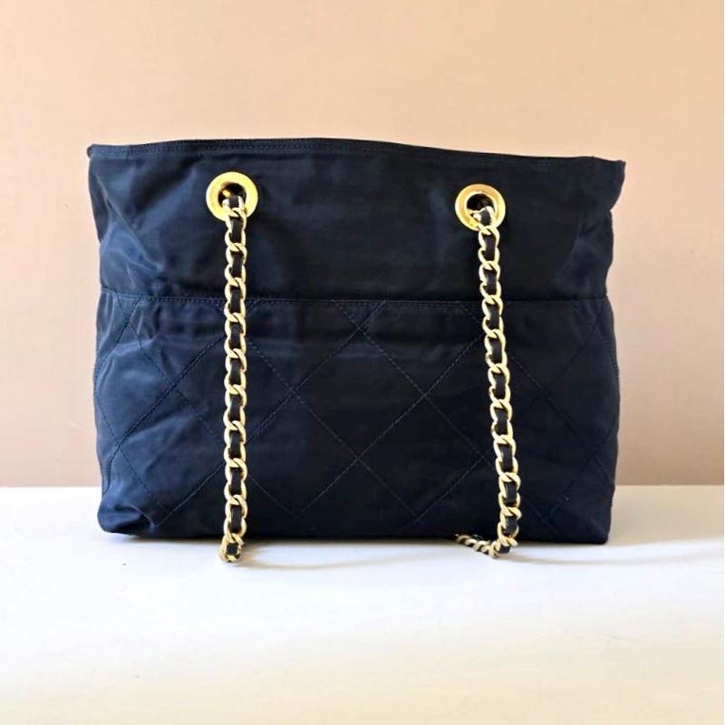 【LA LUNE】絕版古董包 稀有Prada藍黑色降落傘鏈子側背包 單肩包 托特包 中古-2