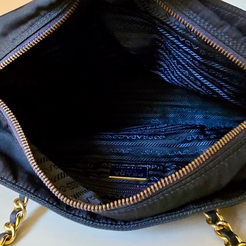 【LA LUNE】絕版古董包 稀有Prada藍黑色降落傘鏈子側背包 單肩包 托特包 中古-8