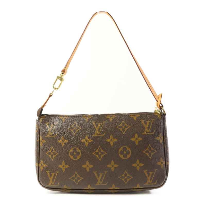 LOUIS VUITTON Monogram Pochette Accessoires金扣手挽袋棕色-0