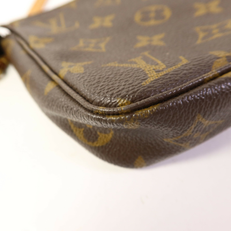 LOUIS VUITTON Monogram Pochette Accessoires金扣手挽袋棕色-14