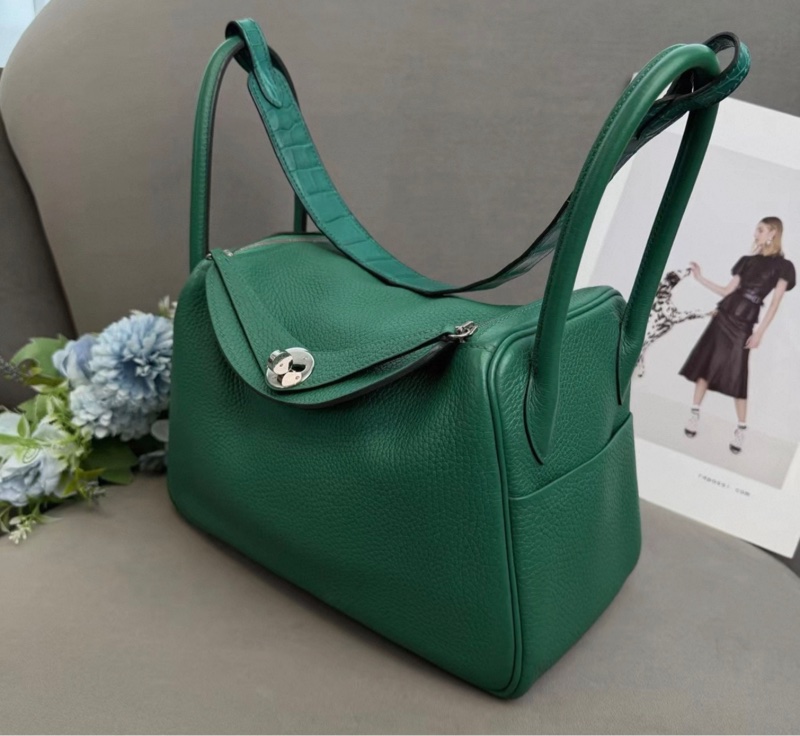 Hermes愛馬仕 lindy26 touch竹子綠拼鰐魚皮肩帶 銀扣 A刻-3