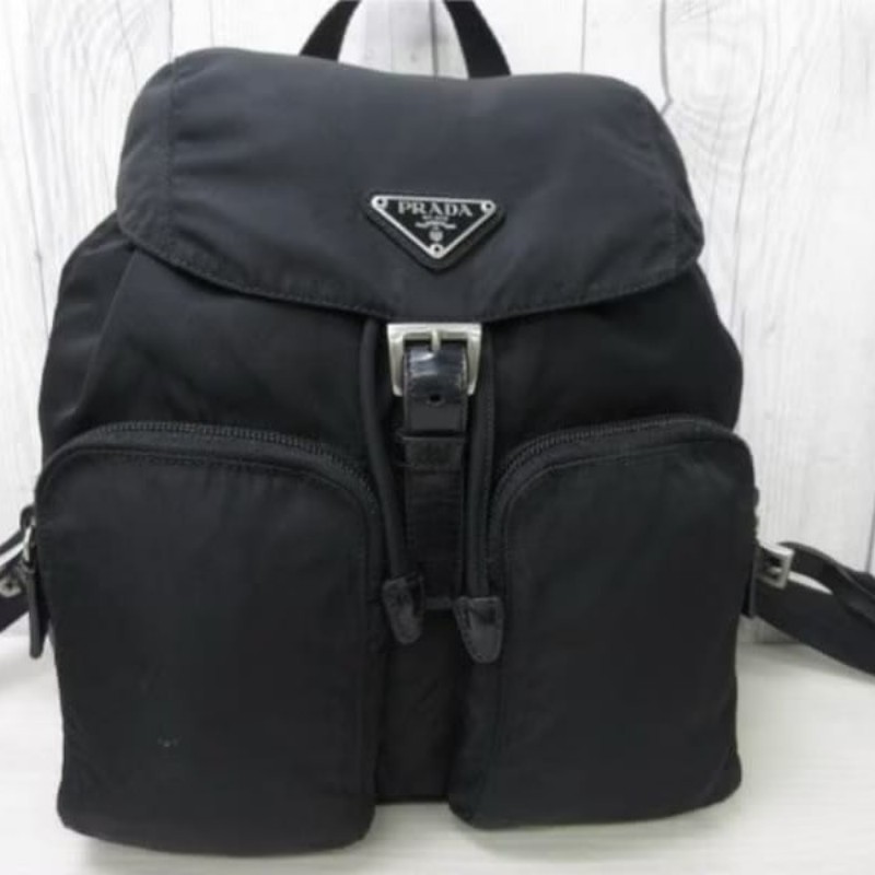 【LA LUNE】絕版古董品 Prada黑色銀標尼龍雙肩包 後背包 背囊 中古包 二手包-8