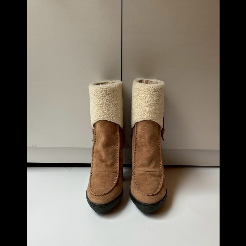 Tod's 白毛呢駝麂皮厚跟女靴-0