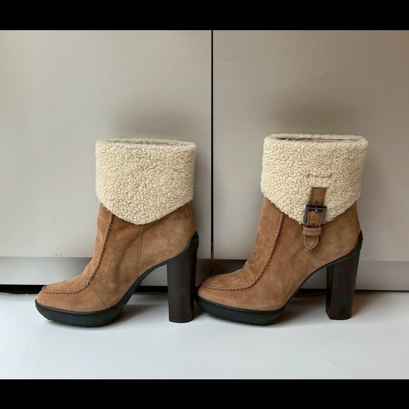 Tod's 白毛呢駝麂皮厚跟女靴-1