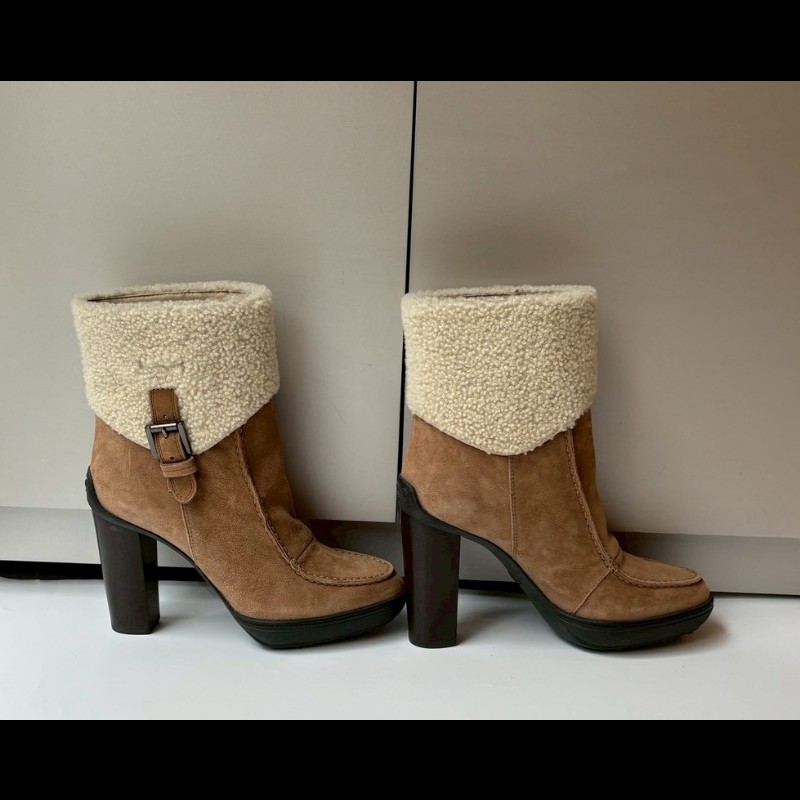 Tod's 白毛呢駝麂皮厚跟女靴-2