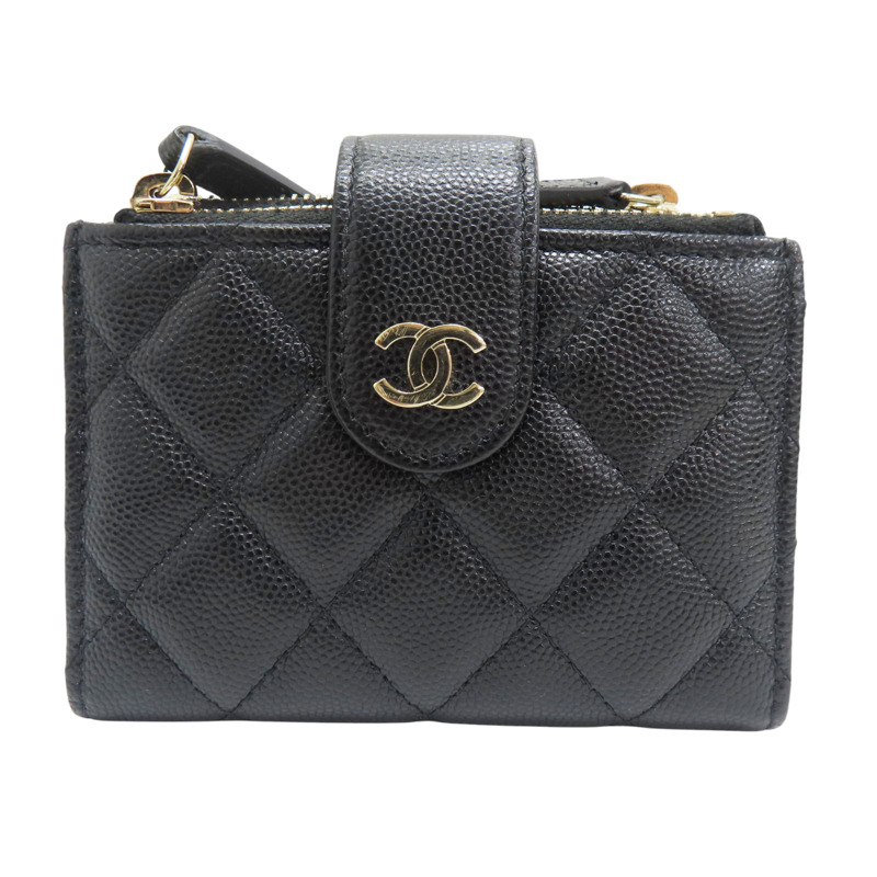 黑色 菱格紋 荔枝牛皮 扣式 卡片零錢包 金扣【CHANEL 香奈兒】-0