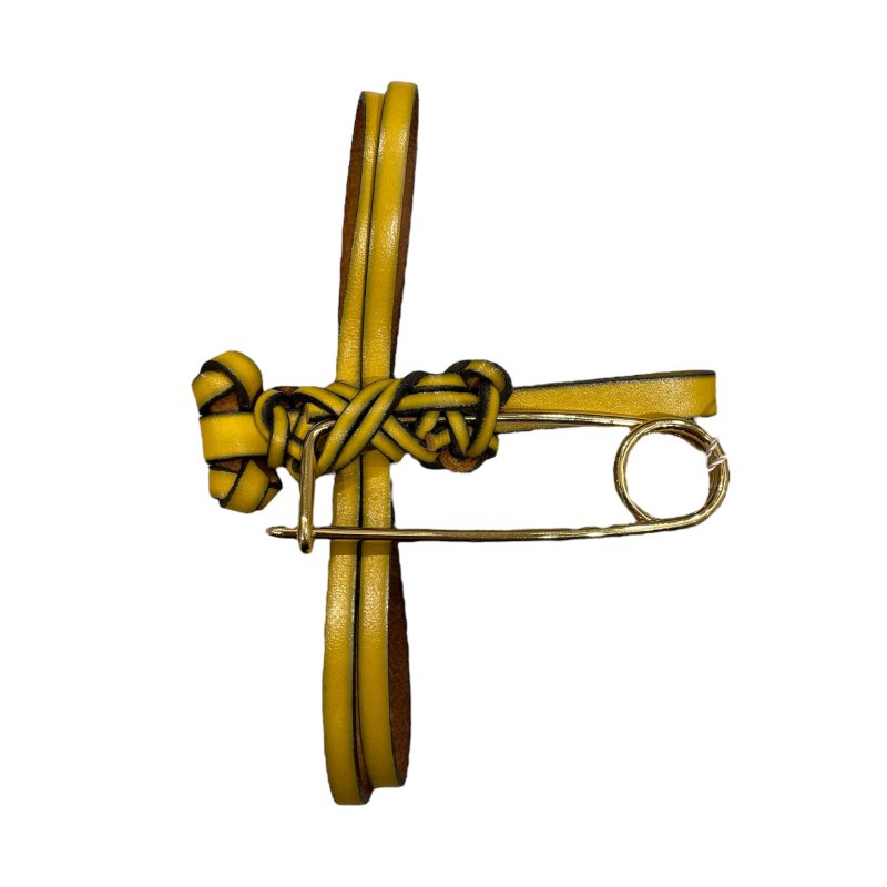 LOEWE 羅威 皮革編織蜻蜓胸針 皮革 黃色 金釦-1