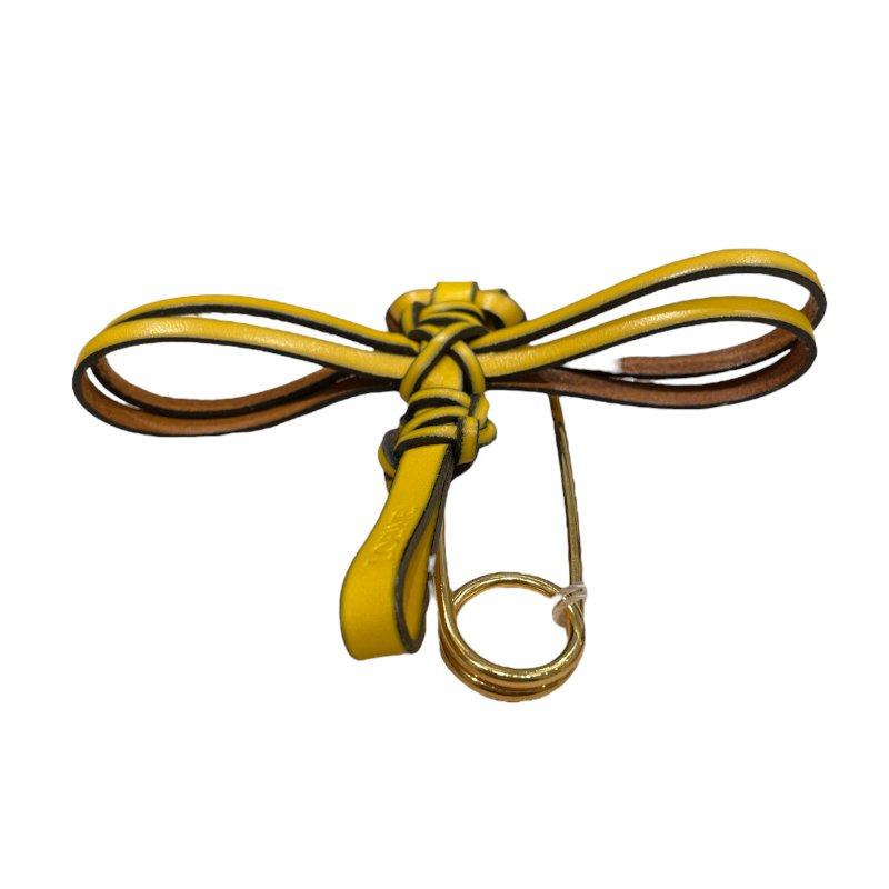 LOEWE 羅威 皮革編織蜻蜓胸針 皮革 黃色 金釦-3