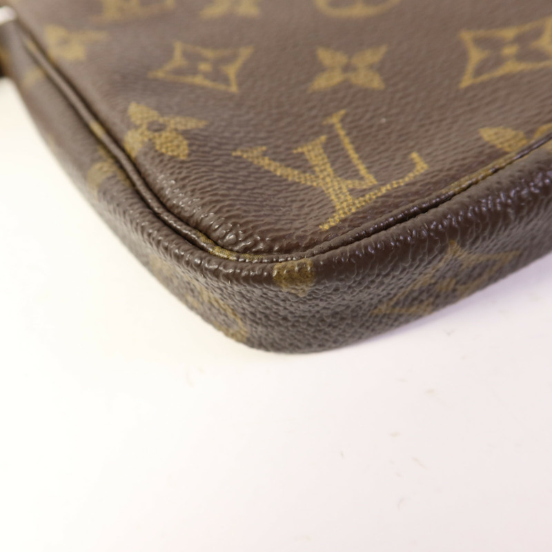 LOUIS VUITTON Monogram Pochette Accessoires金扣手挽袋棕色-14