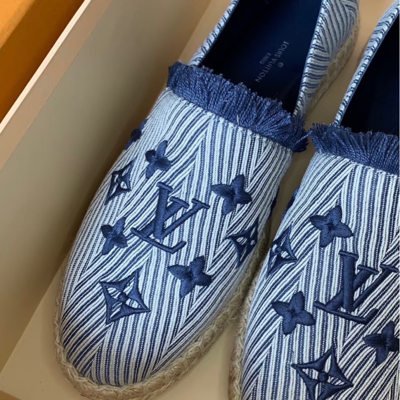 九五新Lv 鉛筆鞋單寧藍刺繡 牛仔單寧草編鞋漁夫鉛筆鞋37號-1