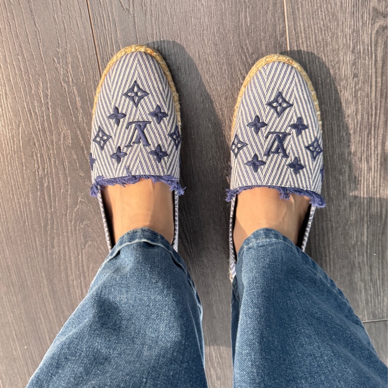 九五新Lv 鉛筆鞋單寧藍刺繡 牛仔單寧草編鞋漁夫鉛筆鞋37號-9