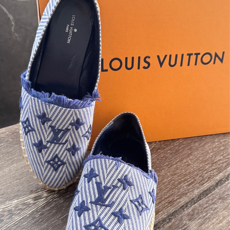 九五新Lv 鉛筆鞋單寧藍刺繡 牛仔單寧草編鞋漁夫鉛筆鞋37號-12