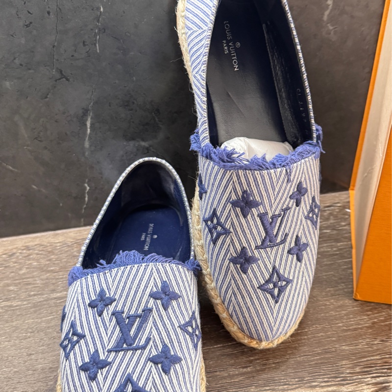 九五新Lv 鉛筆鞋單寧藍刺繡 牛仔單寧草編鞋漁夫鉛筆鞋37號-13