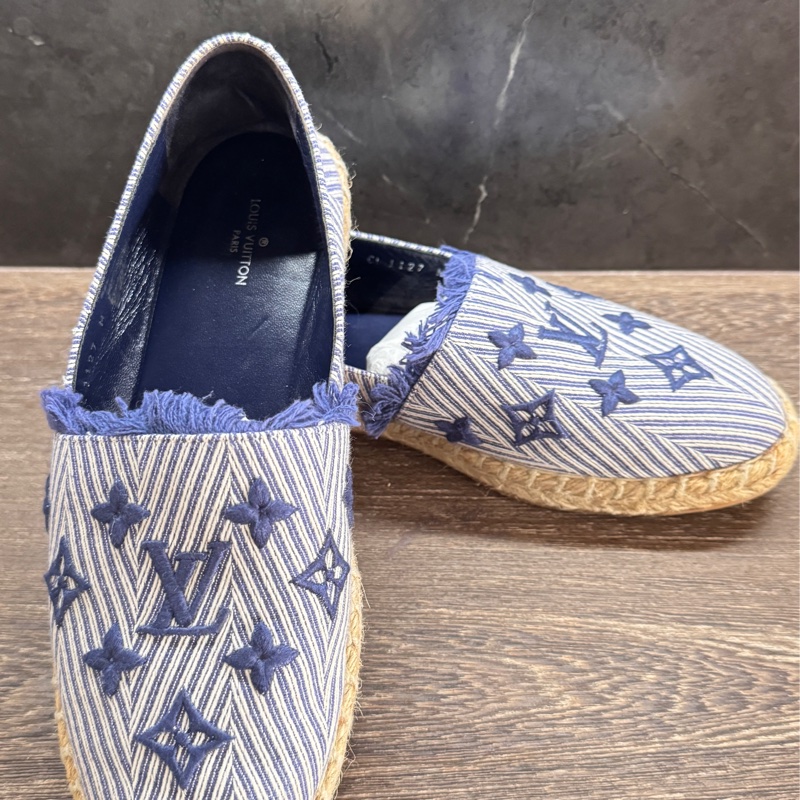 九五新Lv 鉛筆鞋單寧藍刺繡 牛仔單寧草編鞋漁夫鉛筆鞋37號-19