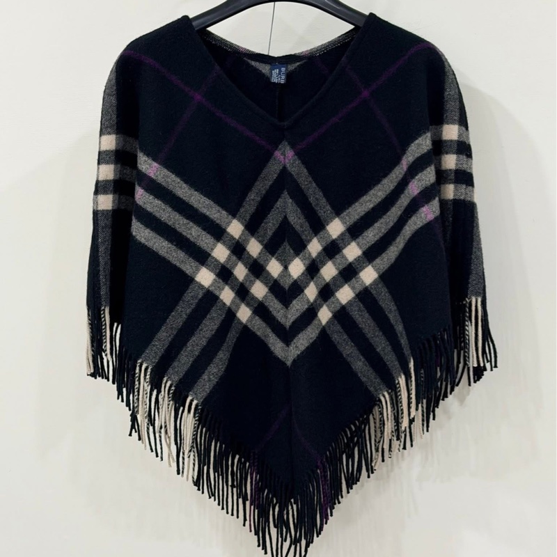 Burberry 倫敦 流蘇格紋羊毛斗篷-0