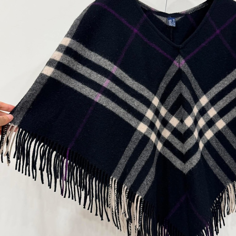 Burberry 倫敦 流蘇格紋羊毛斗篷-3
