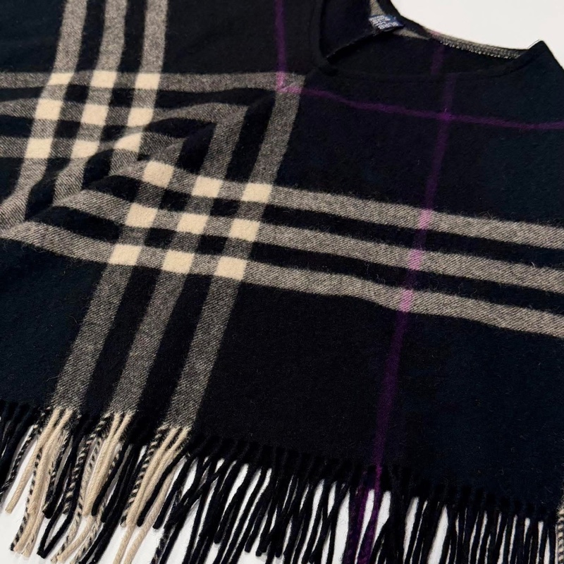 Burberry 倫敦 流蘇格紋羊毛斗篷-4