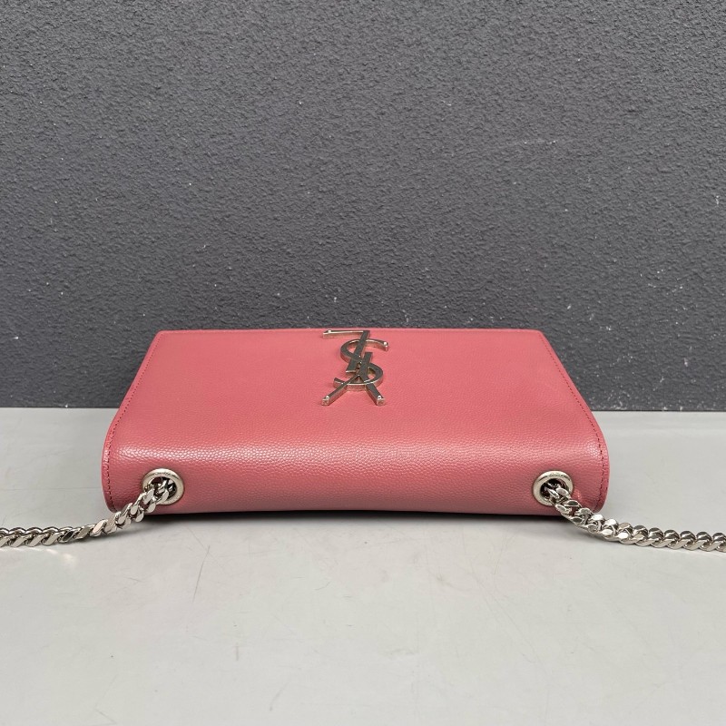 YSL 豆沙色銀扣魚子醬牛皮Kate鏈條包-5