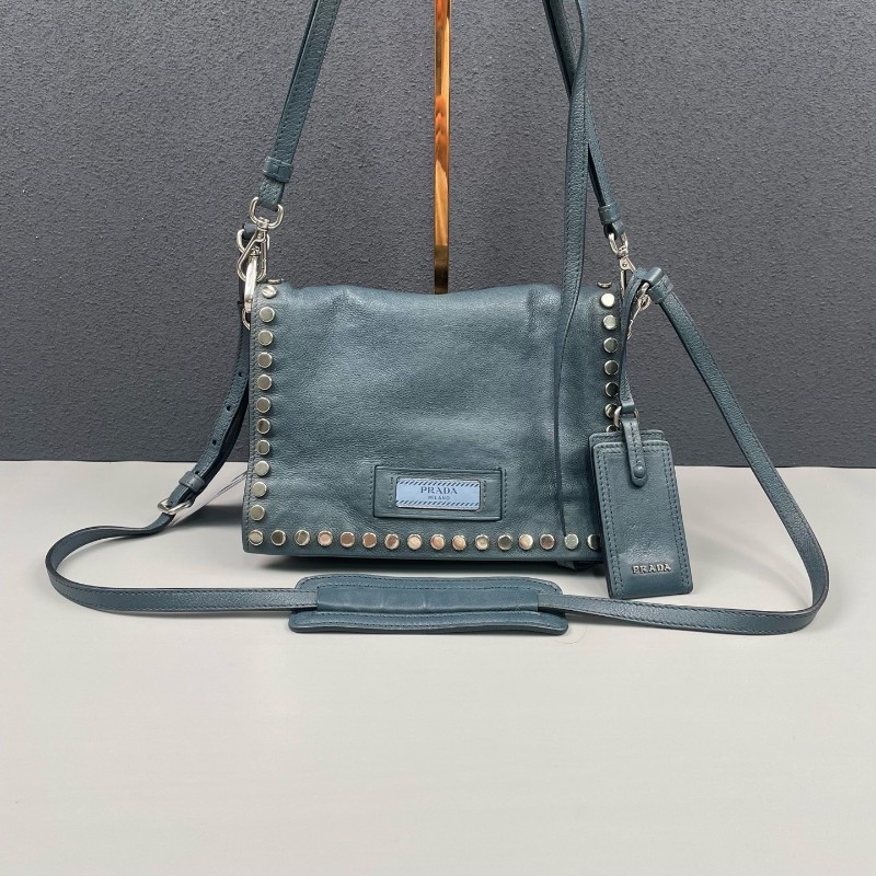 Prada 霧霾藍全皮鉚釘 肩背包斜背包-0