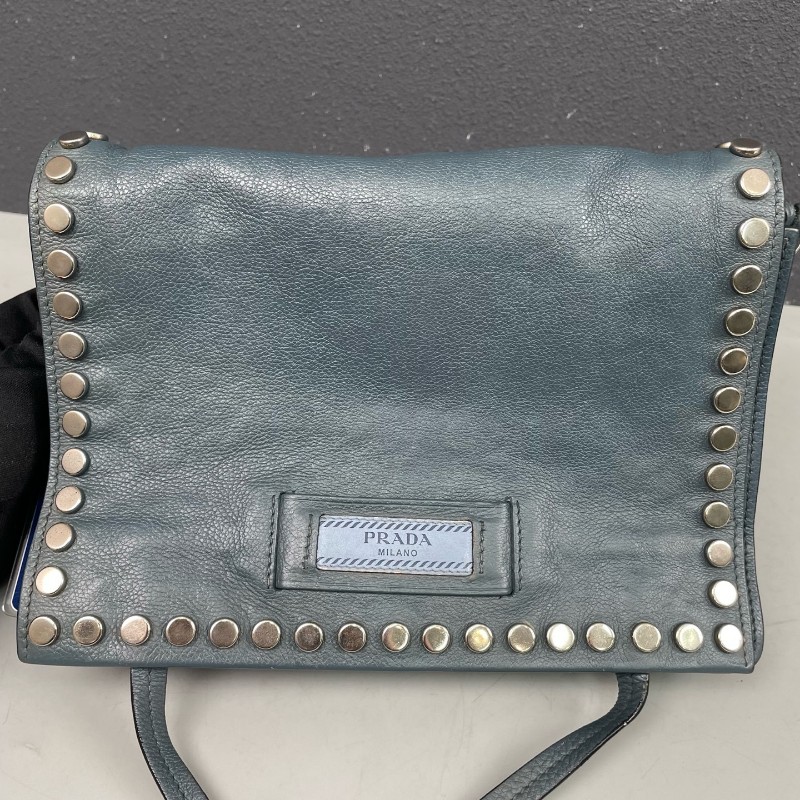 Prada 霧霾藍全皮鉚釘 肩背包斜背包-8