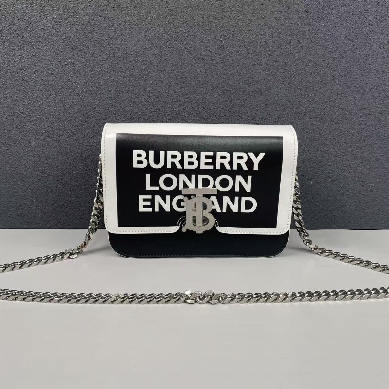 Burberry印花鏈條單肩斜挎拼色翻蓋郵差包-0