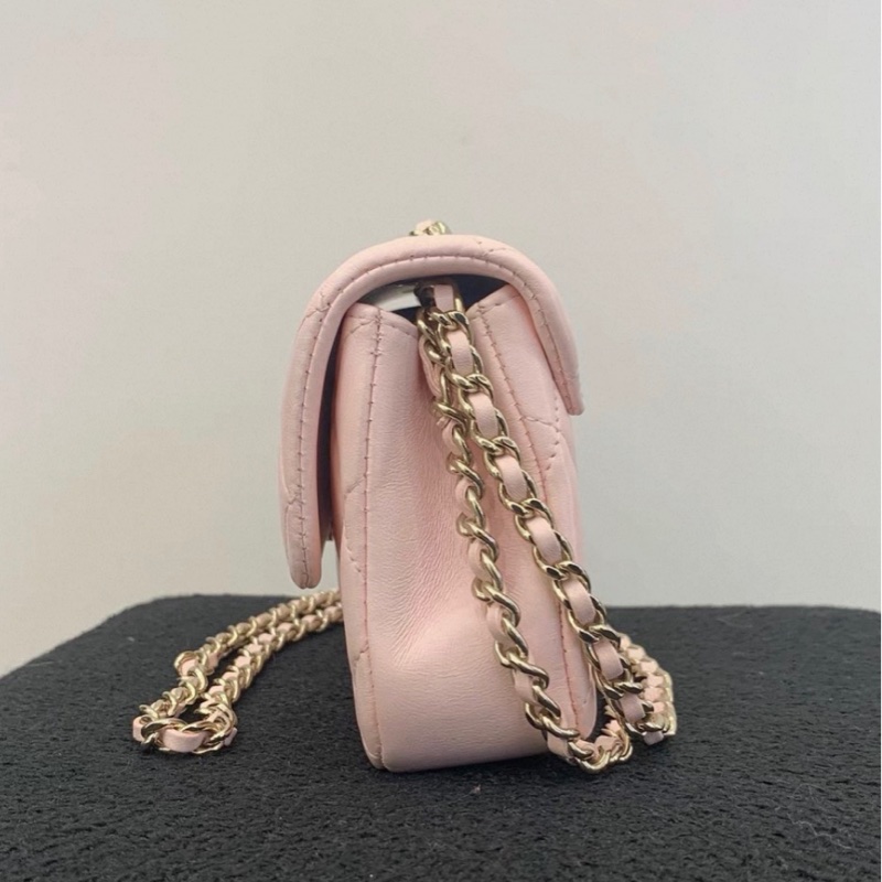 閒置新 CHANEL香奈兒 25S 菱格紋皮穿鏈金扣 肩帶 斜挎單肩包 女款 粉色 鐳射款 底長19-1