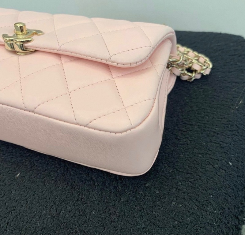 閒置新 CHANEL香奈兒 25S 菱格紋皮穿鏈金扣 肩帶 斜挎單肩包 女款 粉色 鐳射款 底長19-5