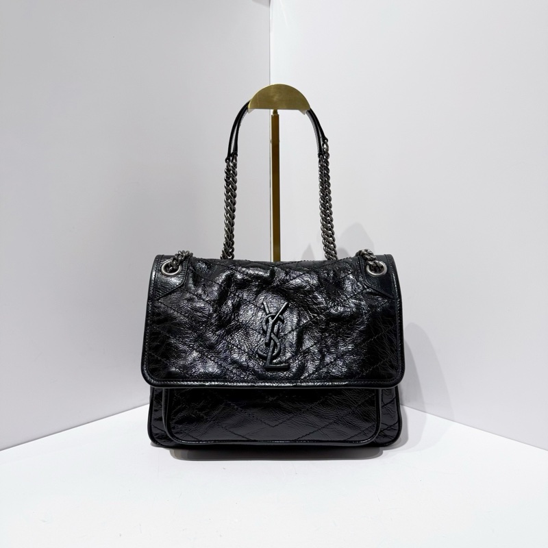 聖羅蘭YSL NIKI 油蠟皮黑銀中號-0