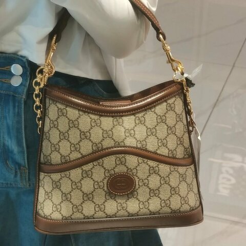 Gucci 老花拼皮棕色水桶包 24*22 99新配件塵袋