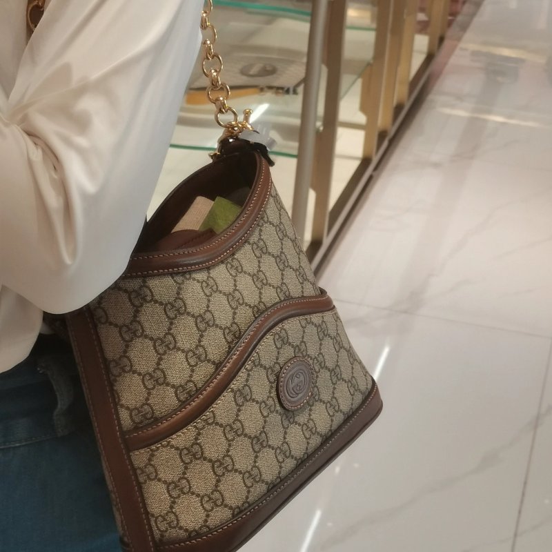 Gucci 老花拼皮棕色水桶包 24*22 99新配件塵袋-2
