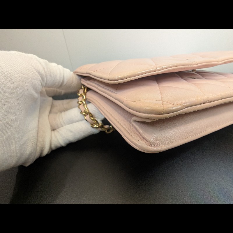 Chanel 稀有櫻花粉 小羊皮鏈條WOC 九成新-2