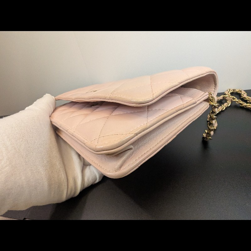 Chanel 稀有櫻花粉 小羊皮鏈條WOC 九成新-8