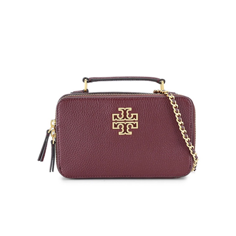 Tory Burch Britten 小盒子包 | 酒紅色霧金扣-0