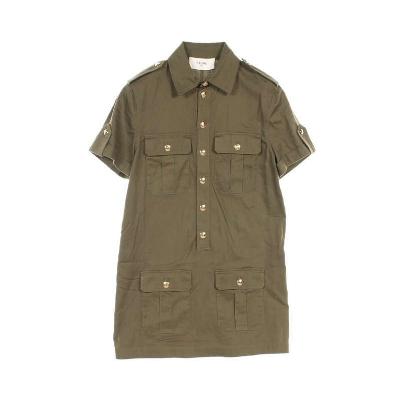 CELINE 軍裝口袋襯衫裙 #40 Triomphe 洋裝 2Z488106K 棉質卡其色-0