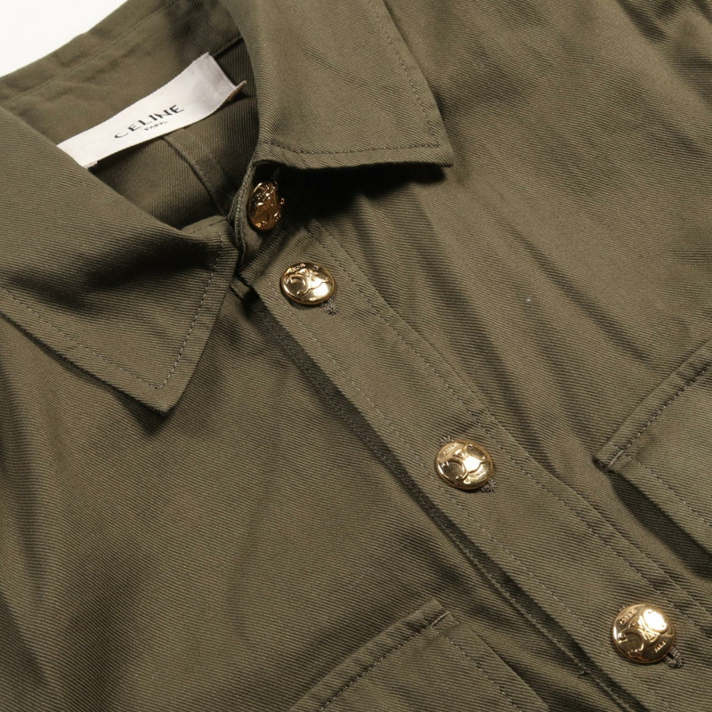 CELINE 軍裝口袋襯衫裙 #40 Triomphe 洋裝 2Z488106K 棉質卡其色-4