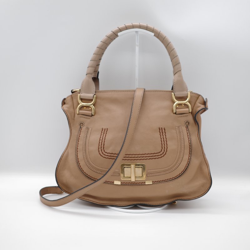 Chloé 蔻依 拿鐵色 淺棕色 小牛皮 馬鞍翻蓋手提包 斜挎包 單肩包-0