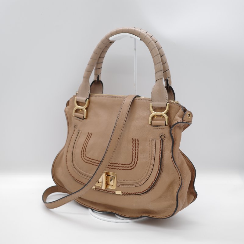 Chloé 蔻依 拿鐵色 淺棕色 小牛皮 馬鞍翻蓋手提包 斜挎包 單肩包-1