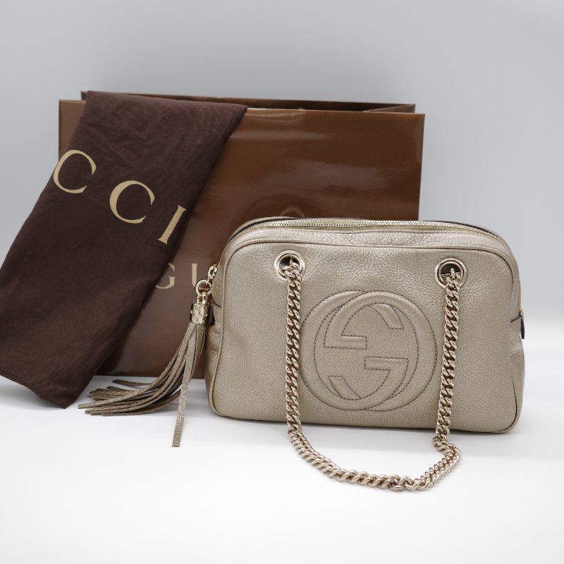 Gucci 古馳 Soho Chain 淡金色 金屬色 牛皮 拉鍊 鏈條單肩包-0