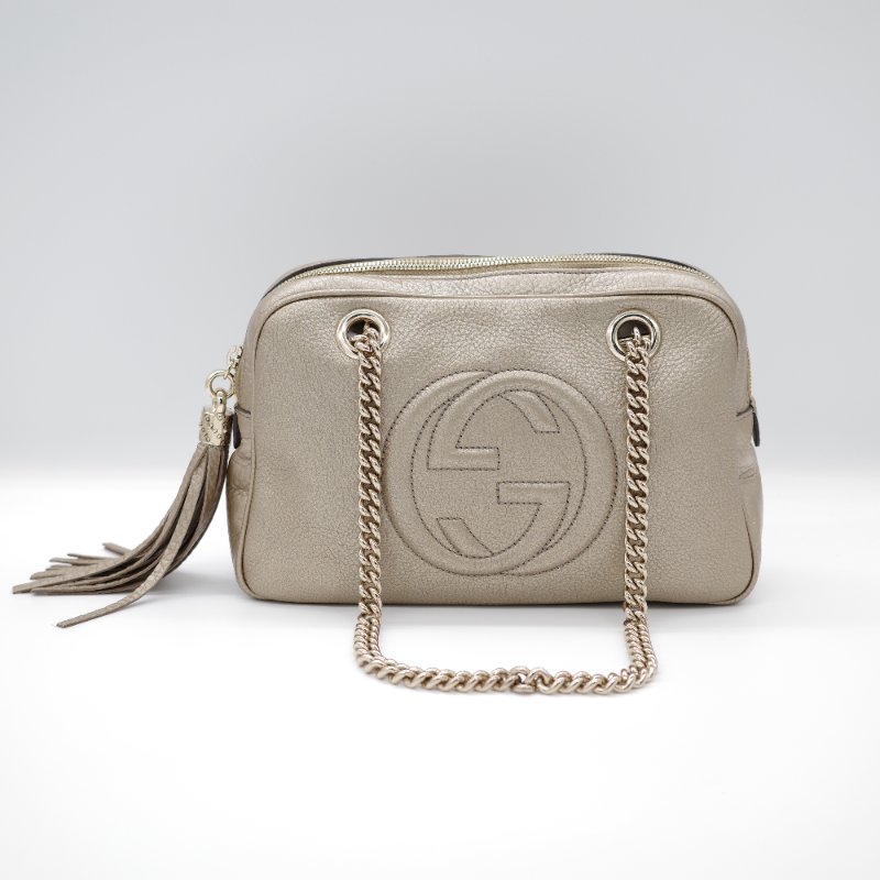 Gucci 古馳 Soho Chain 淡金色 金屬色 牛皮 拉鍊 鏈條單肩包-1