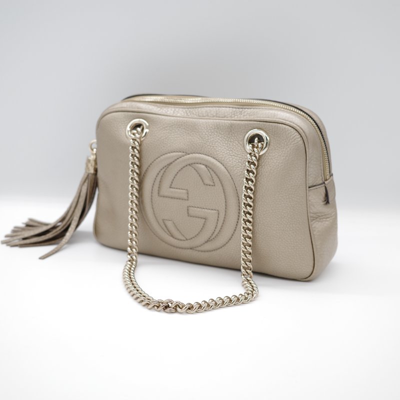 Gucci 古馳 Soho Chain 淡金色 金屬色 牛皮 拉鍊 鏈條單肩包-2