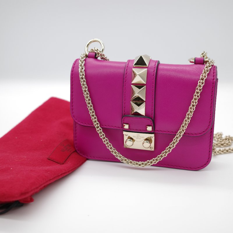Valentino 范倫鐵諾  Rockstud 紫粉色 牛皮 鉚釘 淡金色 鏈條 口蓋包 斜挎包 單肩包-0