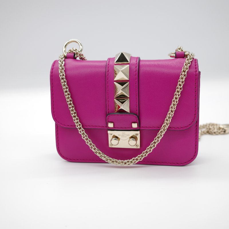 Valentino 范倫鐵諾  Rockstud 紫粉色 牛皮 鉚釘 淡金色 鏈條 口蓋包 斜挎包 單肩包-1