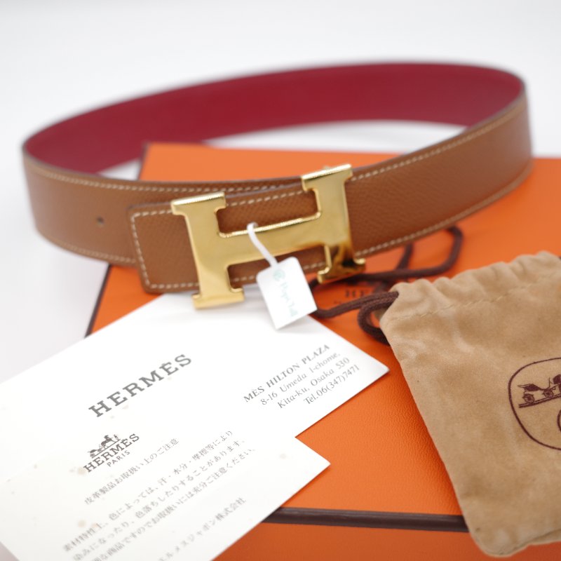 Hermès 愛馬仕  H 金扣 牛皮 双面 金棕 酒紅色 35mm 寬 腰帶 60cm 框 B-0